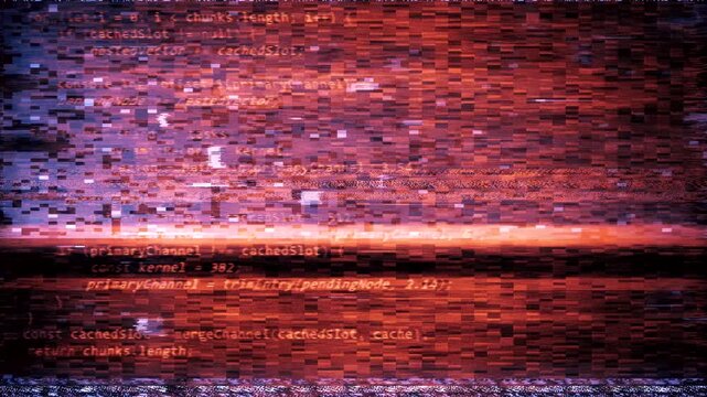 Corrupted source code on a CRT screen with datamoshing and RGB channel split. Abstract glitch background of distorted programming text, scan lines and digital signal noise for overlay