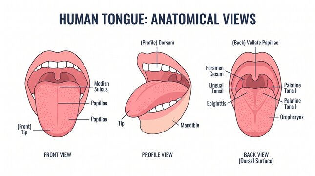 Educational Medical Illustration Showing Anatomical Views Of The Human Tongue And Oral Cavity