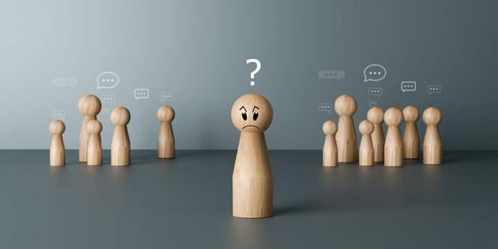 Confused Wooden Figure Between Two Groups with Question Mark Concept