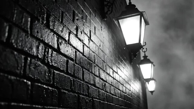 Black and white close up of brick wall and street lamps illuminated at night with moody cloudy sky
