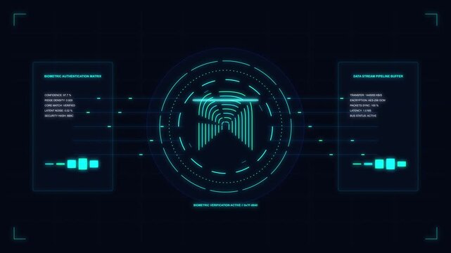 Digital fingerprint scan in 3D animation, concept data processing and big data transfer, futuristic interface
