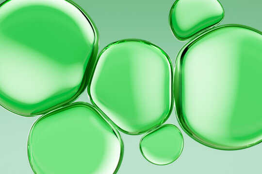 Abstract 3D background with glossy green organic shapes and translucent liquid forms. Ideal for skincare, cosmetics, beauty, biotechnology, wellness, product presentation, advertising.