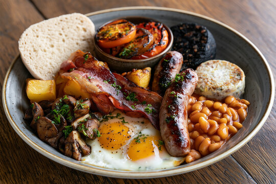 Full irish traditional breakfast with a plate of eggs, bacon, potatoes,sausages, beans, tomatoes, mushrooms, black and white pudding and soda bread, food in Ireland