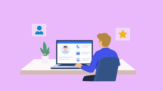 Animated video showing a person working at a desk with a laptop displaying customer profiles, surrounded by user and rating icons on a soft purple background.