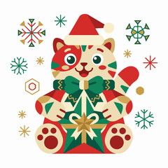 Fototapeta premium Christmas cat mascot vector illustration with festive snowflakes and holiday decor
