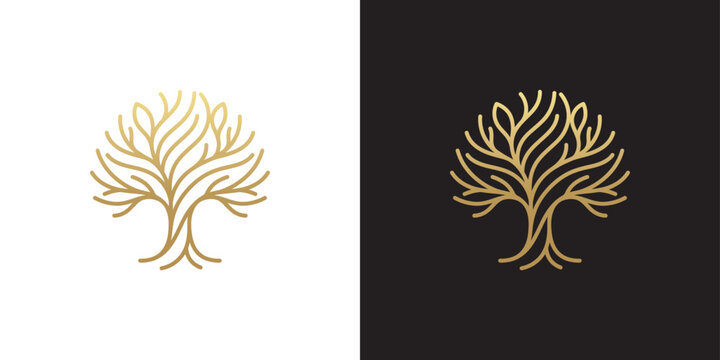 Elegant Golden Line Art Tree Vector Logo Design Featuring Organic Branches and Roots for Minimalist Branding Concepts