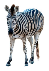 Fototapeta premium Professional full body shot of a common zebra isolated. The African mammal features distinctive black and white stripes and looks toward the camera. High quality cut out.