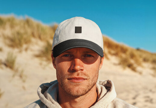 Man at the beach wearing a blank cap Mockup. Generative ai