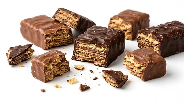 Chocolate covered wafer bars broken into pieces on white background.