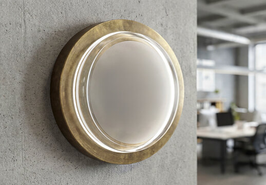 Circular business sign glowing on creative office wall for a logo Mockup. Generative ai