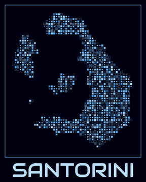 Santorini digital style map. Small square dots on dark background. Dotted shape of the island. Santorini map and title. Amazing vector illustration.