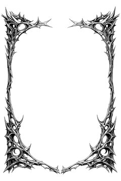A Gothic or dark fantasy-style decorative frame featuring sharp, carved details resembling thorns and bone structures surrounding a central empty space, set against a transparent background.