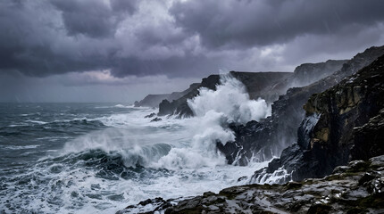 Obraz premium Powerful ocean waves crashing against dark rocky cliffs under a stormy cloudy sky.