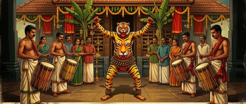 Traditional pulikali tiger dance performance with painted body and drummers in south india