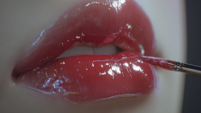 Glossy red lips being painted with makeup brush for perfect pout. Detailed macro shot captures application of vibrant red lip gloss with fine brush, highlighting smooth texture and shine on full lips