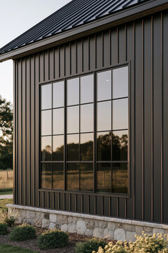 Modern barn home with large black multi-pane window and stone foundation at golden hour