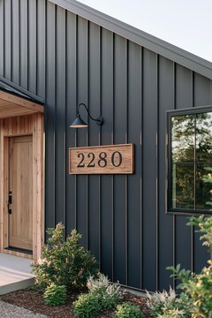 Hand-lettered wooden address sign 2280 mounted on black metal siding of modern barndominium house