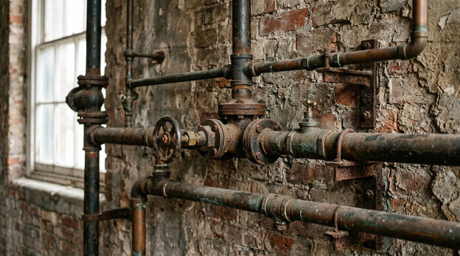Rusty Industrial Pipes on Old Brick Wall