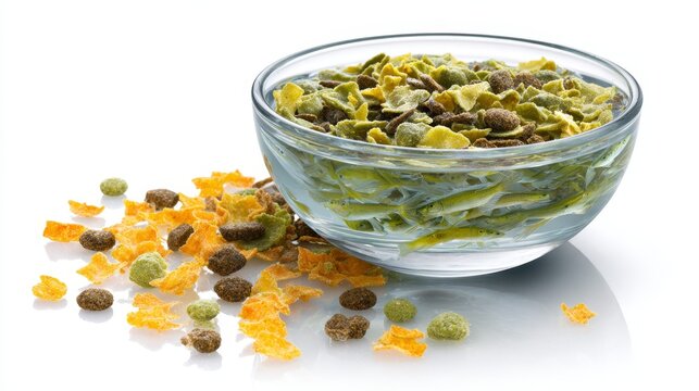 Fish food flakes and pellets floating beside aquarium bowl, isolated on white background, clean commercial style, detailed product photography.