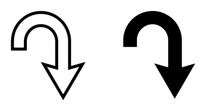 Two U-Turn Arrow Icons, Outline and Solid Black, Directional Symbolism for Navigation and Reversal, Vector Graphics for Web and Print