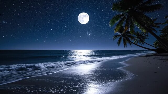 Full Moon Shining Over Tropical Beach With Palm Trees At