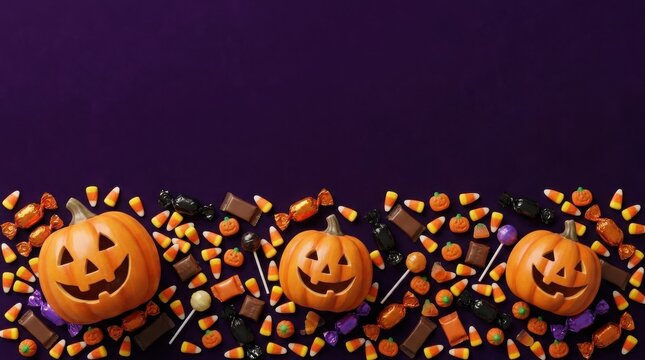 Three smiling jack o lantern pumpkins with halloween candy on dark background