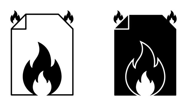 Burning Document Icons, Paper on Fire Vector Set, Black and White Flames Symbolizing Destruction or Urgency, Crisis Alert