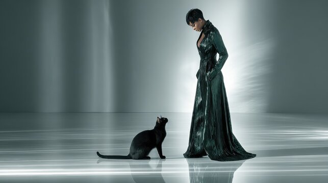 Elegant woman in shimmering green dress gazes down at black cat. Sophisticated woman wearing long textured green gown stands beside sleek black cat in minimalist studio setting with dramatic lighting