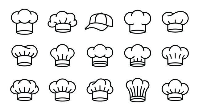Collection of chef hats and a baseball cap in a line style