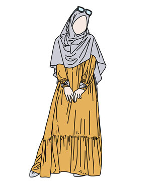 Faceless Muslim Woman Standing in Yellow Long Dress and Grey Hijab Vector Illustration, Flat Line Art Illustration of Hijabi Woman Wearing Modern Yellow Gamis and Sunglasses, Modern Muslimah Character