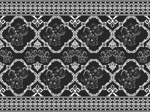 Thai Elephant Pants Fabric Pattern, Black and White Elephant Textile Design