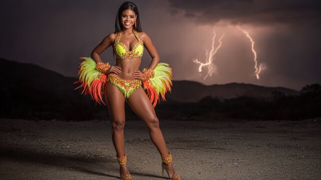 Woman in carnival costume poses dramatically against stormy skies lightning. Woman dazzling, feathered carnival outfit stands in desolate landscape under dramatic sky illuminated by lightning strikes