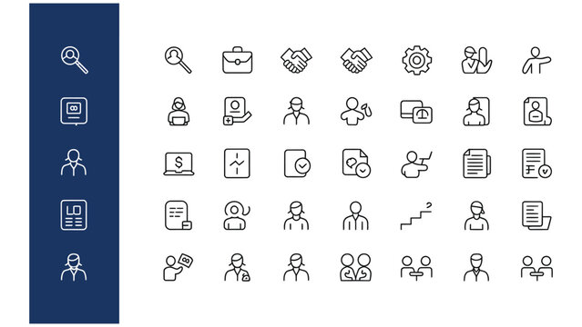 Employment line icon set. Job, career, hiring, recruitment, employee, vacancy, workforce, interview, resume, candidate, workplace, salary, training, skills, collection. Editable stroke. Vector