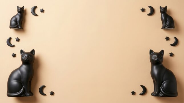 Black cat figurines with moon and star shapes on a beige background