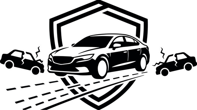 A black and white graphic illustration featuring a car driving in front of a shield icon with two wrecked vehicles on the sides representing insurance
