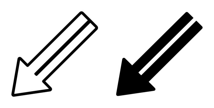 Diagonal Downward Arrows Set, Simple Outline and Solid Black Vector Icons for Directional Cues and Navigation Graphics