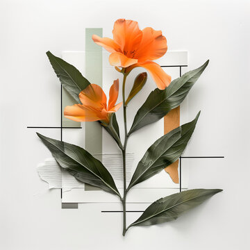 Modern minimalist botanical collage featuring orange flowers and green leaves on a white background with geometric elements