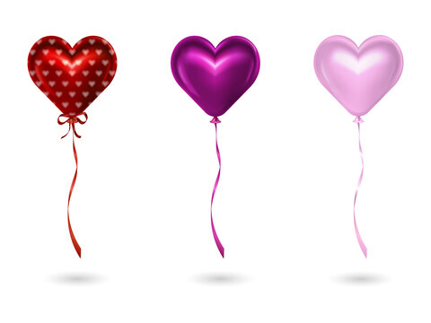Three heart balloons isolated on a transparent background