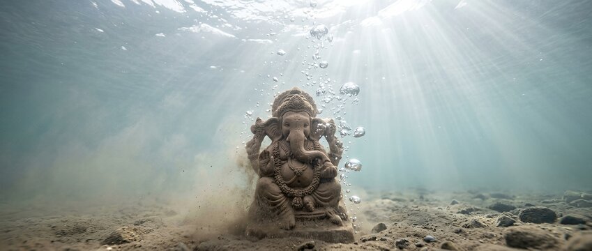 Clay idol of elephant deity sinking underwater during annual religious festival ritual