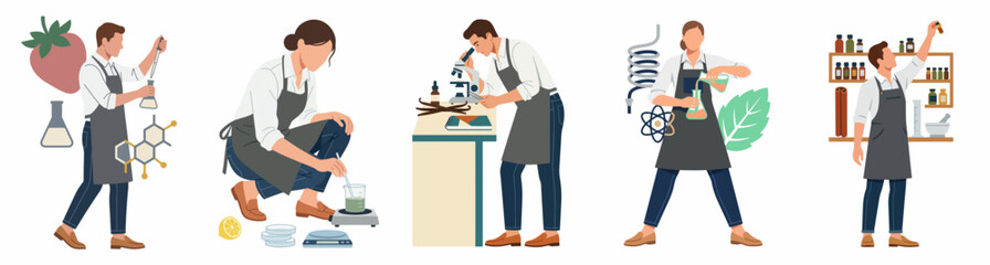 Obraz premium Collection of flat vector illustrations depicting scientists and researchers performing various experiments and analysis in a professional laboratory setting.