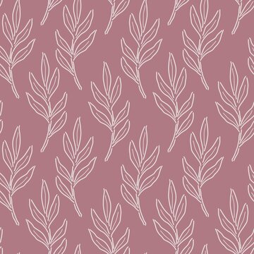 Seamless botanical pattern with hand-drawn leaves on pink background