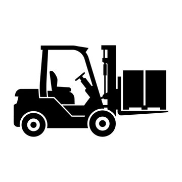 Forklift truck carrying box on pallet in warehouse loading dock area industrial setting