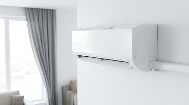 Modern white air conditioner unit installed on a clean wall for home cooling.