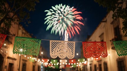 Naklejka premium Traditional papel picado banners hanging over colonial street with green and red fireworks at night