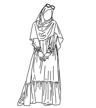 Continuous line art illustration of a stylish Muslim woman wearing hijab and long dress dress with sunglasses on head