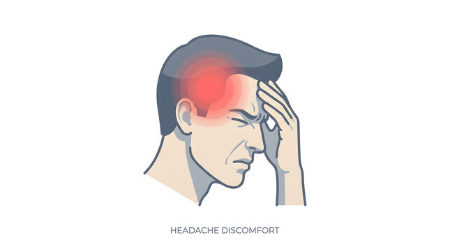 Side profile vector illustration of a man grimacing and holding his forehead due to severe headache discomfort, migraine attack, or mental stress. Highlighted with a red glowing pain indicator effect 
