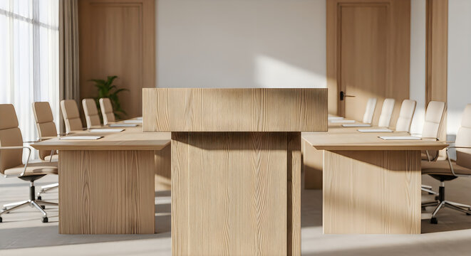 Modern wooden boardroom table in empty corporate office