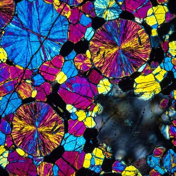 Chondrules glowing in colour in a polarised meteorite thin section