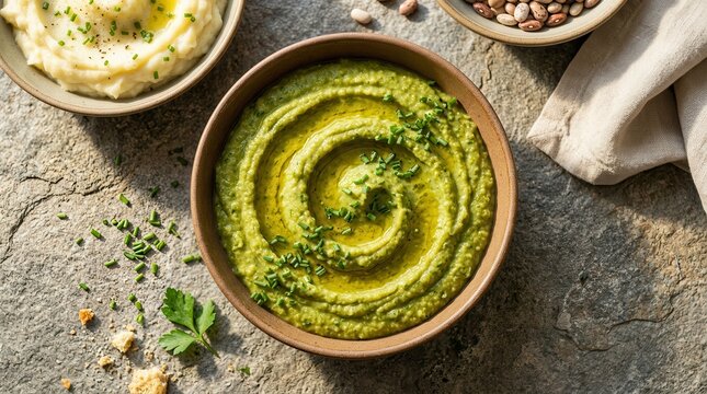 Herb-infused split pea puree topped with olive oil in a ceramic bowl.