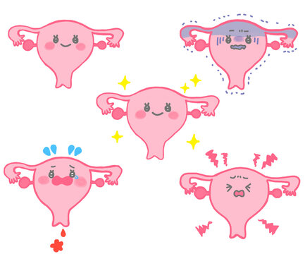 女性の健康・婦人科・生理痛・妊活のかわいい子宮キャラクターイラストセット